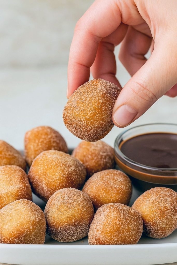 Close-up of bite-size churros dusted in cinnamon sugar, piled on a plate next to a ramekin of melted chocolate for dipping.