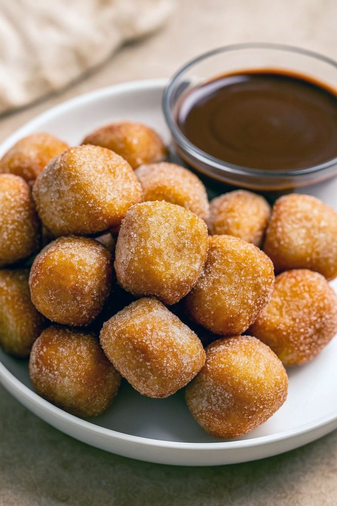 Close-up of bite-size churros dusted in cinnamon sugar, piled on a plate next to a ramekin of melted chocolate for dipping.