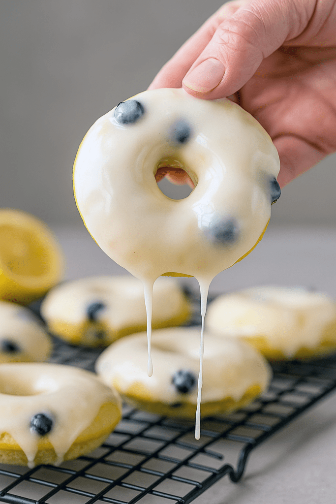 Close-up of a glazed lemon blueberry doughnut with visible berries and a shiny lemon glaze on a wooden board.