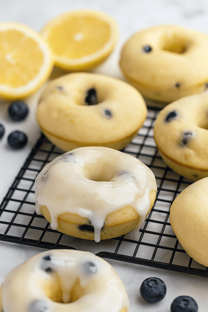 Close-up of a glazed lemon blueberry doughnut with visible berries and a shiny lemon glaze on a wooden board.