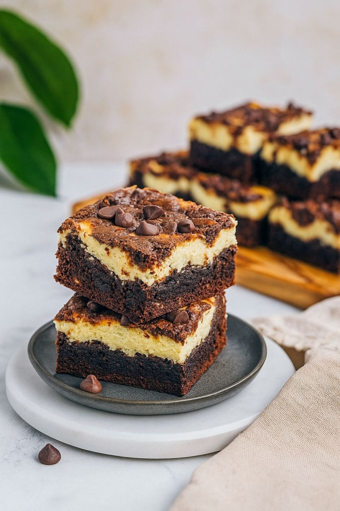 Close-up of fudgy chocolate brownie squares topped with a marbled cream-cheese layer, arranged on parchment and ready to serve.