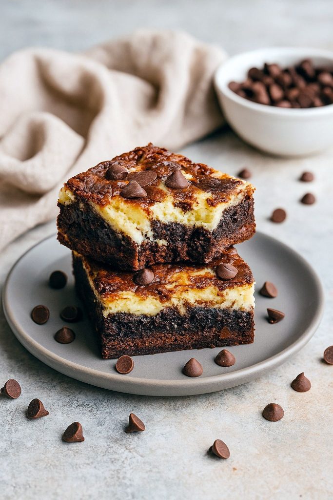 Close-up of fudgy chocolate brownie squares topped with a marbled cream-cheese layer, arranged on parchment and ready to serve.