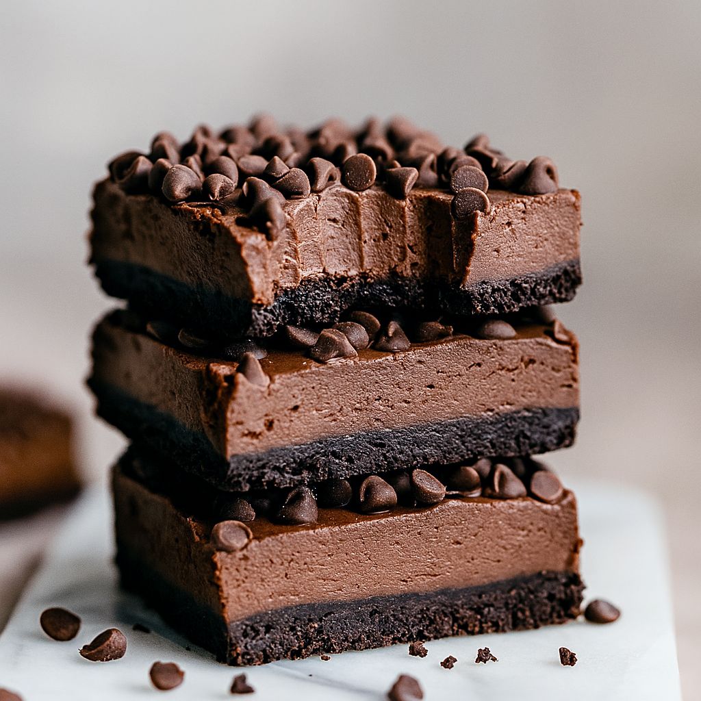 Square of glossy no-bake chocolate cheesecake bar topped with mini chocolate chips on a dark plate.