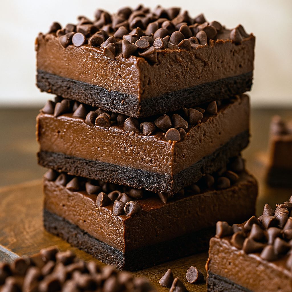 Square of glossy no-bake chocolate cheesecake bar topped with mini chocolate chips on a dark plate.
