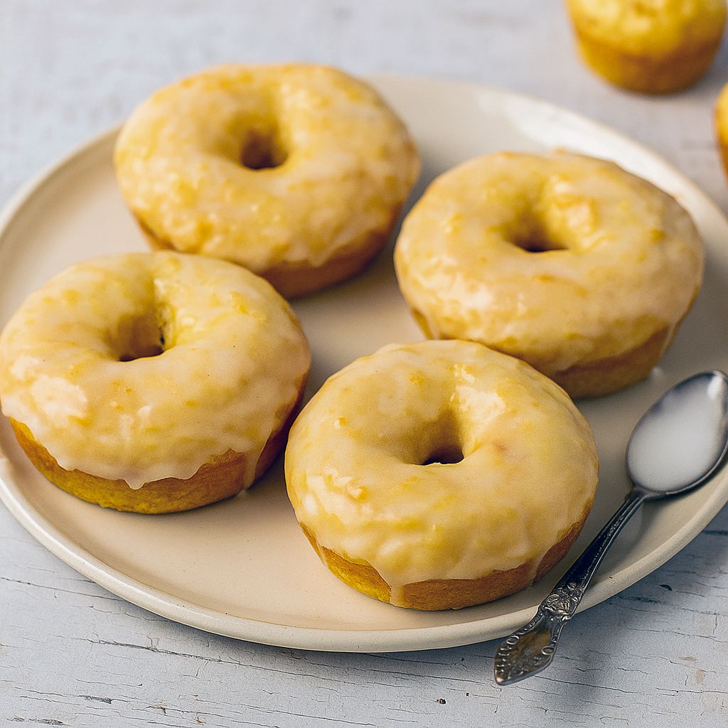 Glazed baked lemon donuts and mini donut holes on a cooling rack with lemon zest and shiny glaze.