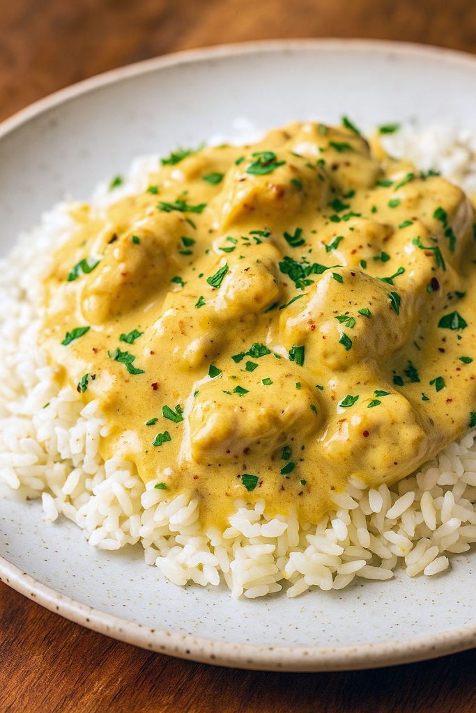 Creamy smothered chicken in a skillet spooned over fluffy white rice, garnished with chopped parsley and a light gravy drizzle.