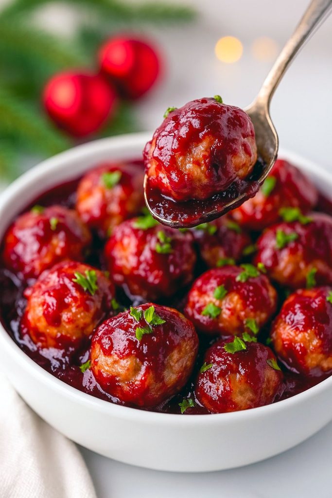 Glossy cranberry-glazed meatballs piled on a festive platter, garnished with chopped parsley and ready for serving.