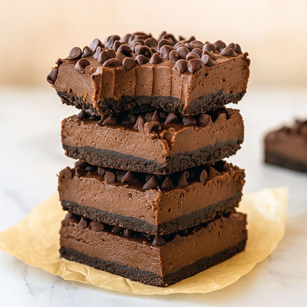 Square of glossy no-bake chocolate cheesecake bar topped with mini chocolate chips on a dark plate.