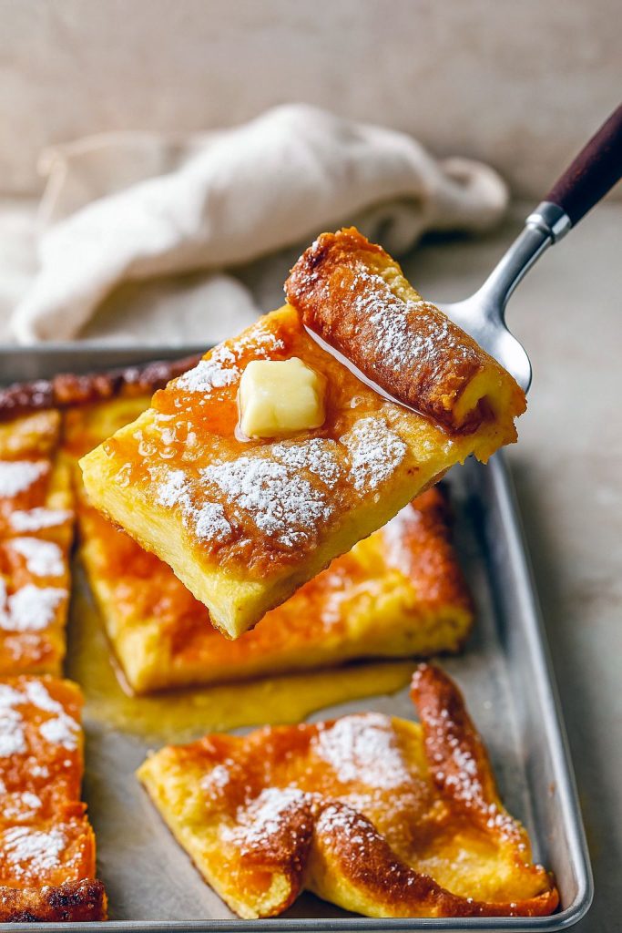 Golden, puffed German pancake dusted with powdered sugar and topped with fresh mixed berries, sliced and ready to serve.