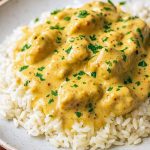 Creamy smothered chicken in a skillet spooned over fluffy white rice, garnished with chopped parsley and a light gravy drizzle.